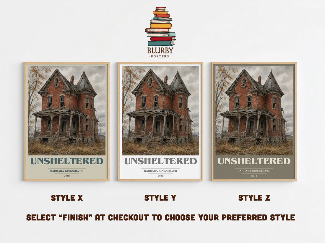 Unsheltered book cover print in frame leaning in hallway – literary fiction wall art (mockup)