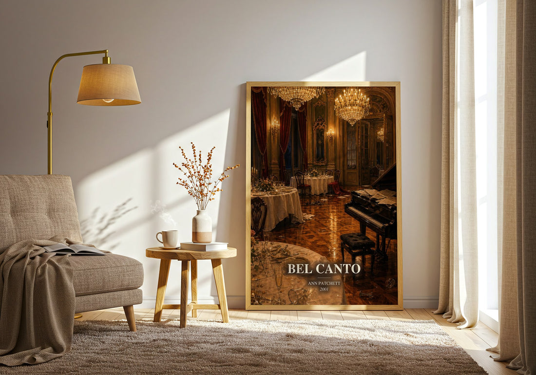 Bel Canto watercolour print in frame leaning in hallway – contemporary fiction wall art (mockup)