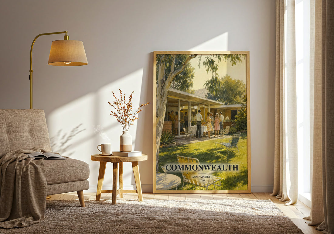Commonwealth watercolour print in frame leaning in hallway – literary fiction wall art (mockup)