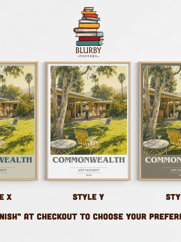 Commonwealth book cover print in frame leaning in hallway – literary fiction wall art