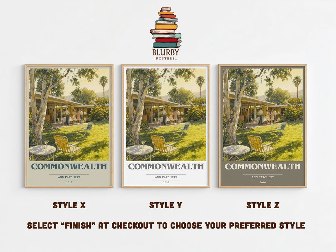 Commonwealth book cover print in frame leaning in hallway – literary fiction wall art (mockup)