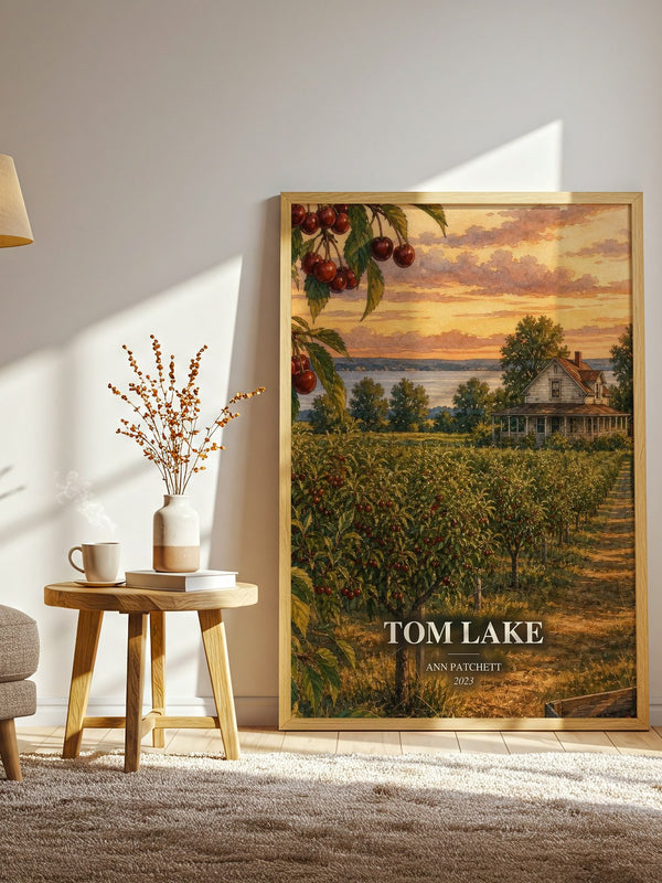 Tom Lake watercolour print in frame leaning in hallway – contemporary fiction wall art