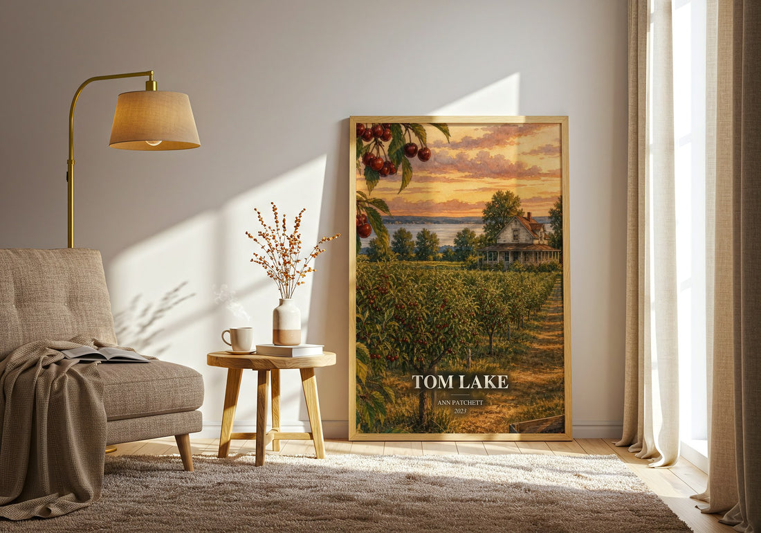 Tom Lake watercolour print in frame leaning in hallway – contemporary fiction wall art (mockup)