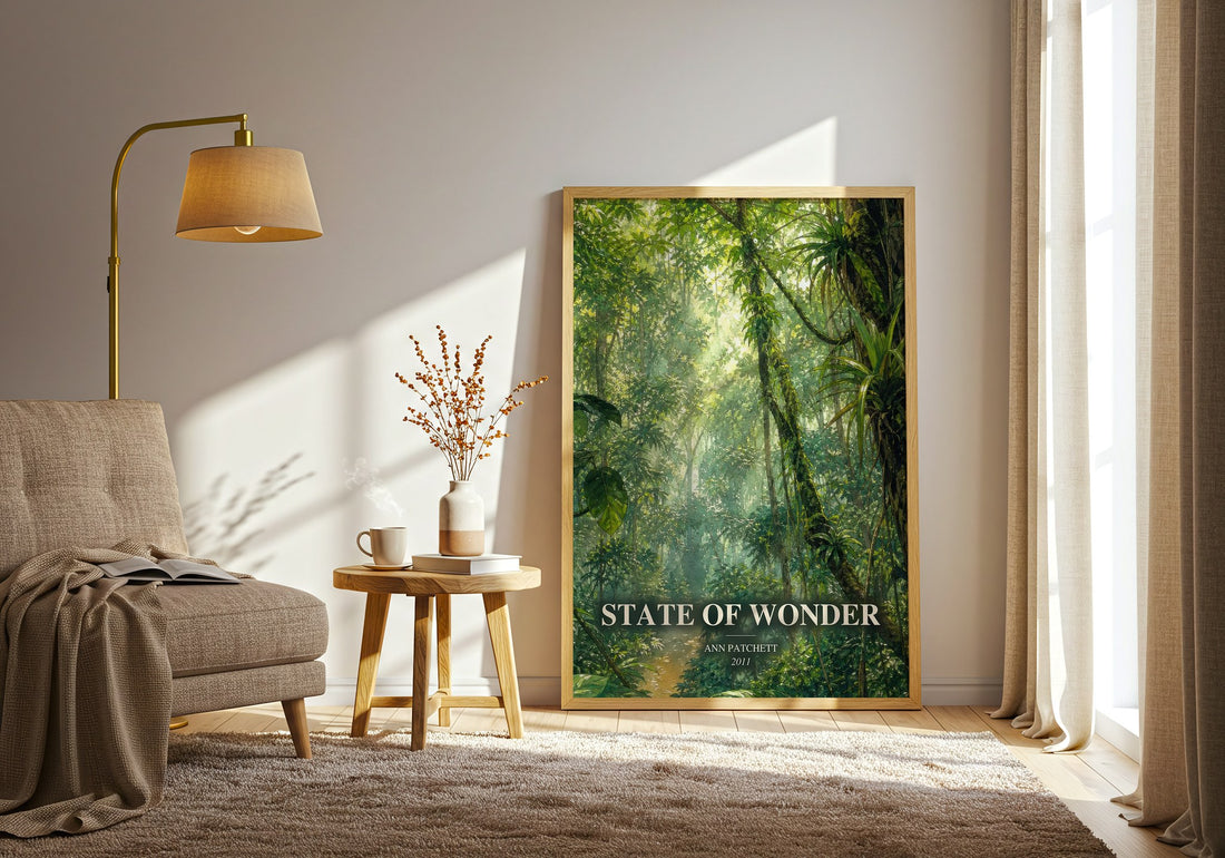 State of Wonder watercolour print in frame leaning in hallway – literary fiction wall art (mockup)