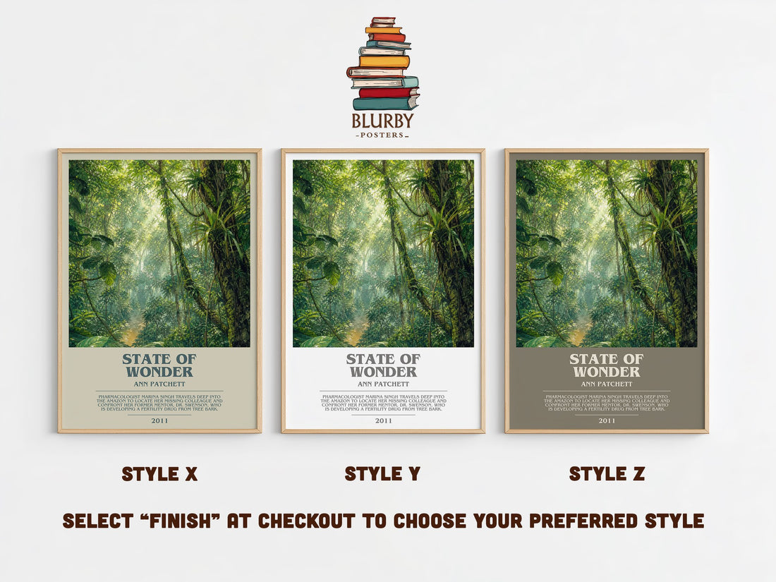 State of Wonder bookish print in frame leaning in hallway – literary fiction wall art (mockup)