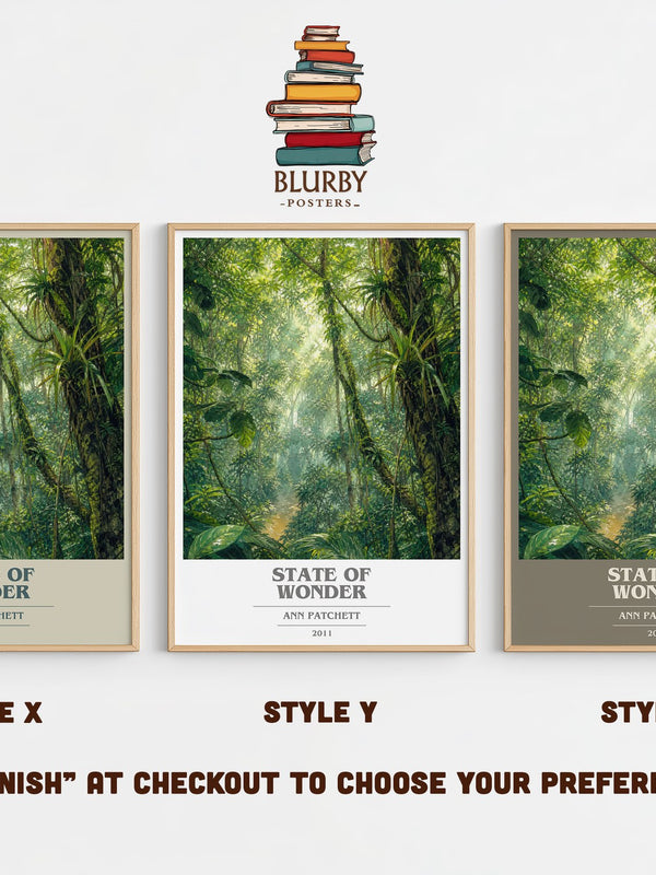 State of Wonder book cover print in frame leaning in hallway – literary fiction wall art