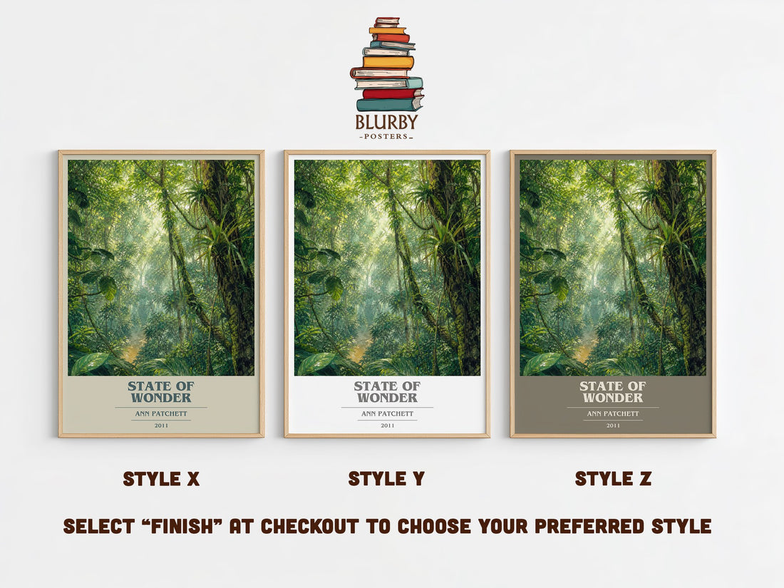 State of Wonder book cover print in frame leaning in hallway – literary fiction wall art (mockup)