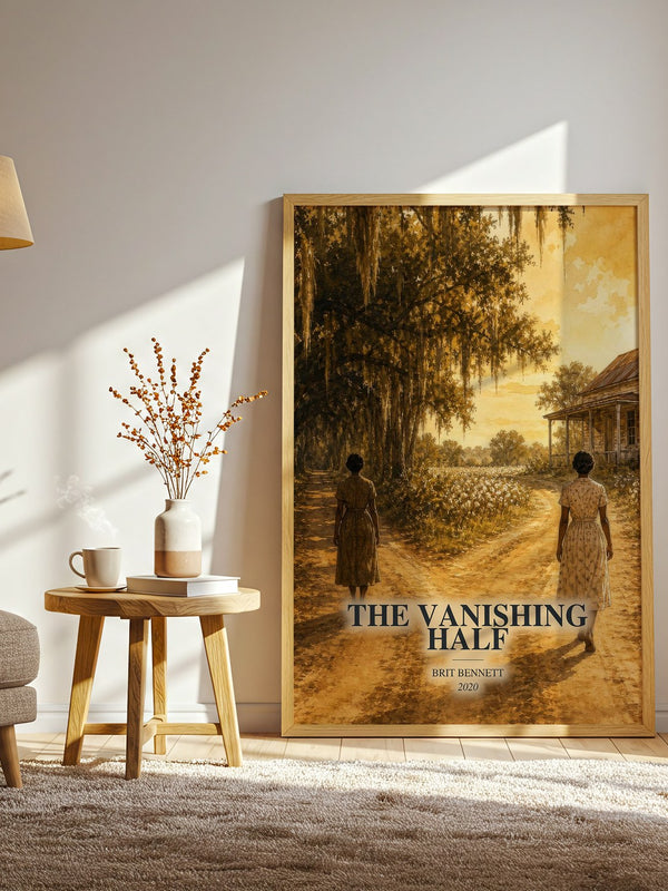 The Vanishing Half watercolour print in frame leaning in hallway – contemporary fiction wall art