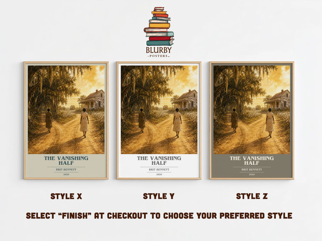The Vanishing Half book cover print in frame leaning in hallway – contemporary fiction wall art (mockup)