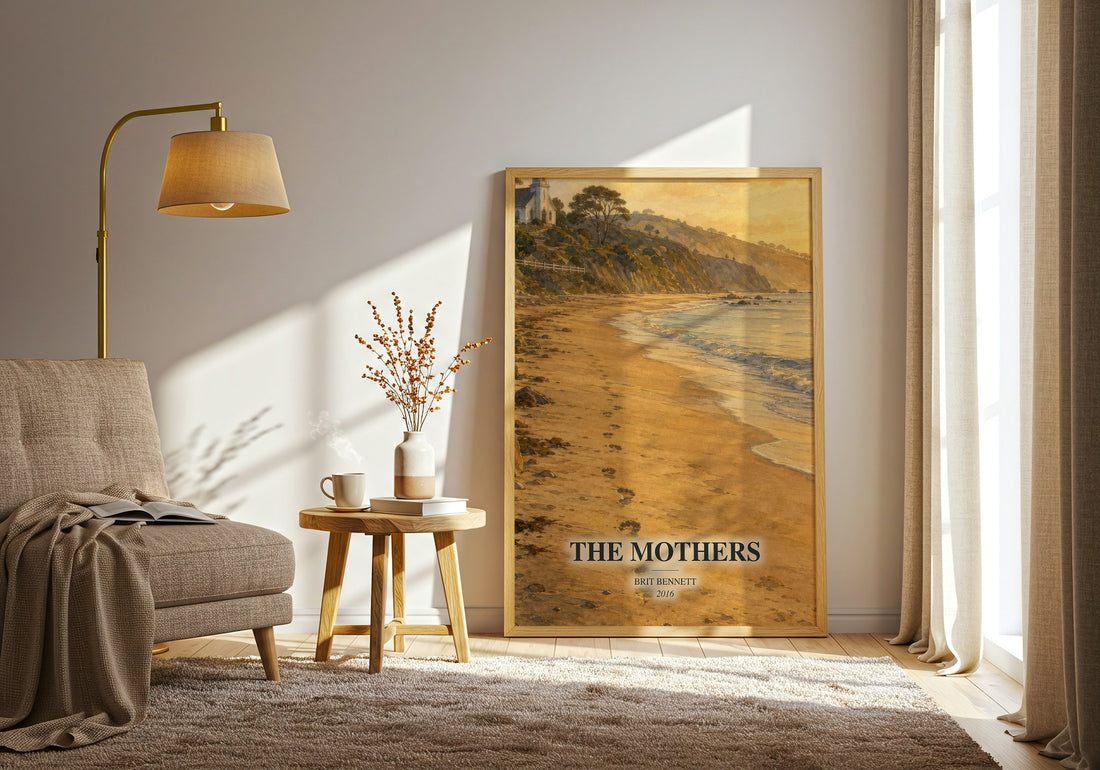 The Mothers watercolour print in frame leaning in hallway – contemporary fiction wall art (mockup)