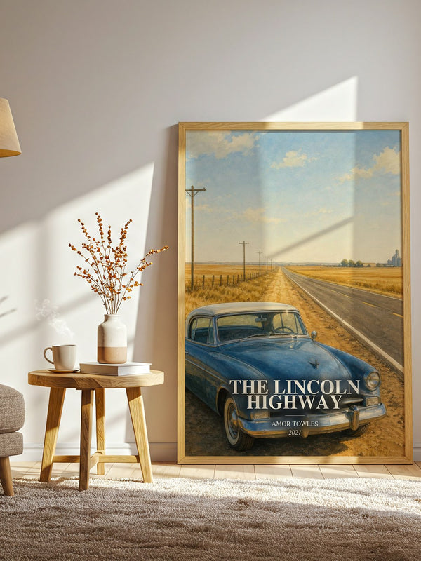 The Lincoln Highway watercolour print in frame leaning in hallway – literary fiction wall art