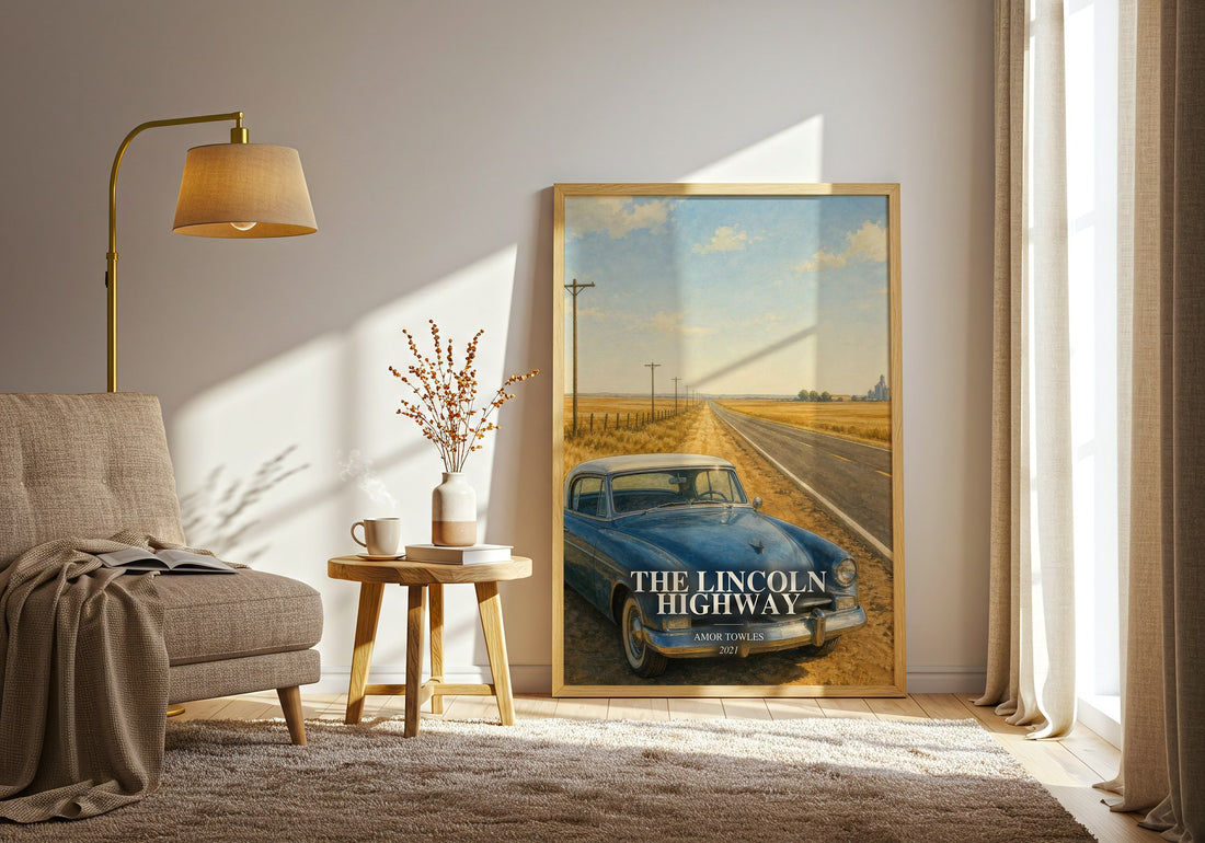 The Lincoln Highway watercolour print in frame leaning in hallway – literary fiction wall art (mockup)