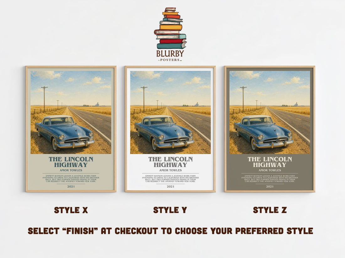 The Lincoln Highway bookish print in frame leaning in hallway – literary fiction wall art (mockup)