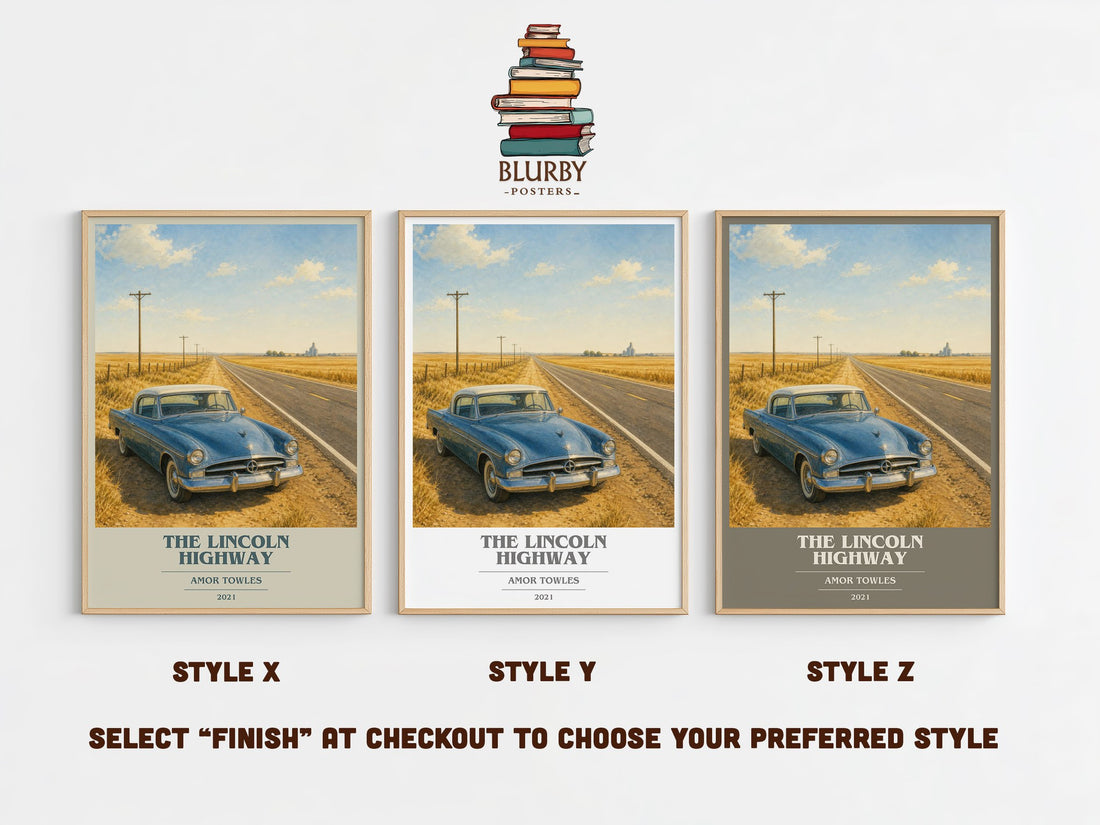 The Lincoln Highway book cover print in frame leaning in hallway – literary fiction wall art (mockup)