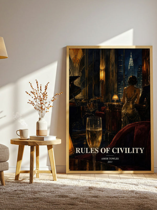 Rules of Civility watercolour print in frame leaning in hallway – historical fiction wall art