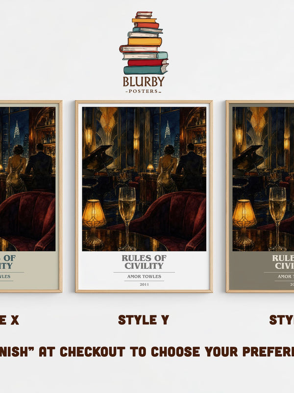 Rules of Civility book cover print in frame leaning in hallway – historical fiction wall art