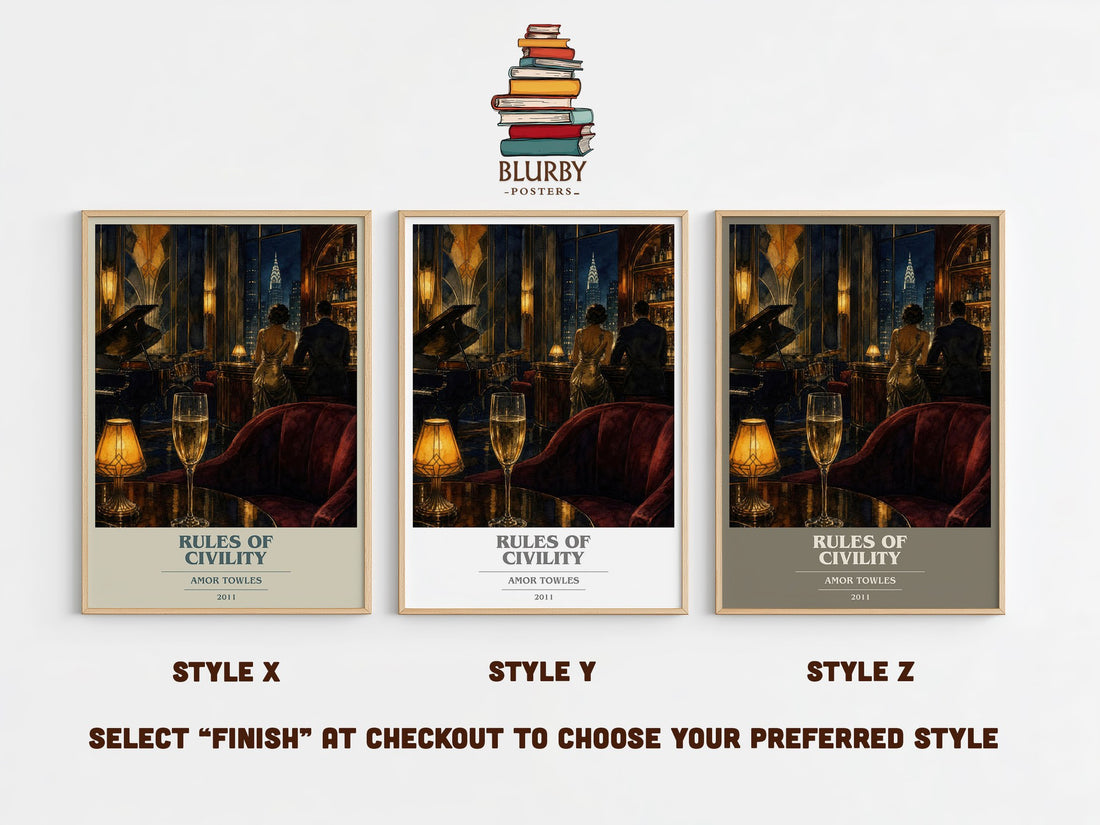 Rules of Civility book cover print in frame leaning in hallway – historical fiction wall art (mockup)