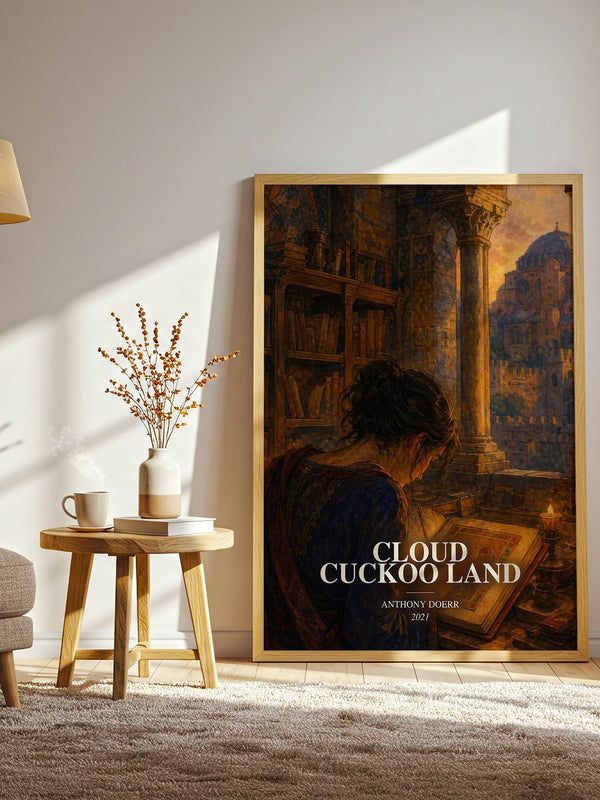 Cloud Cuckoo Land watercolour print in frame leaning in hallway – literary fiction wall art