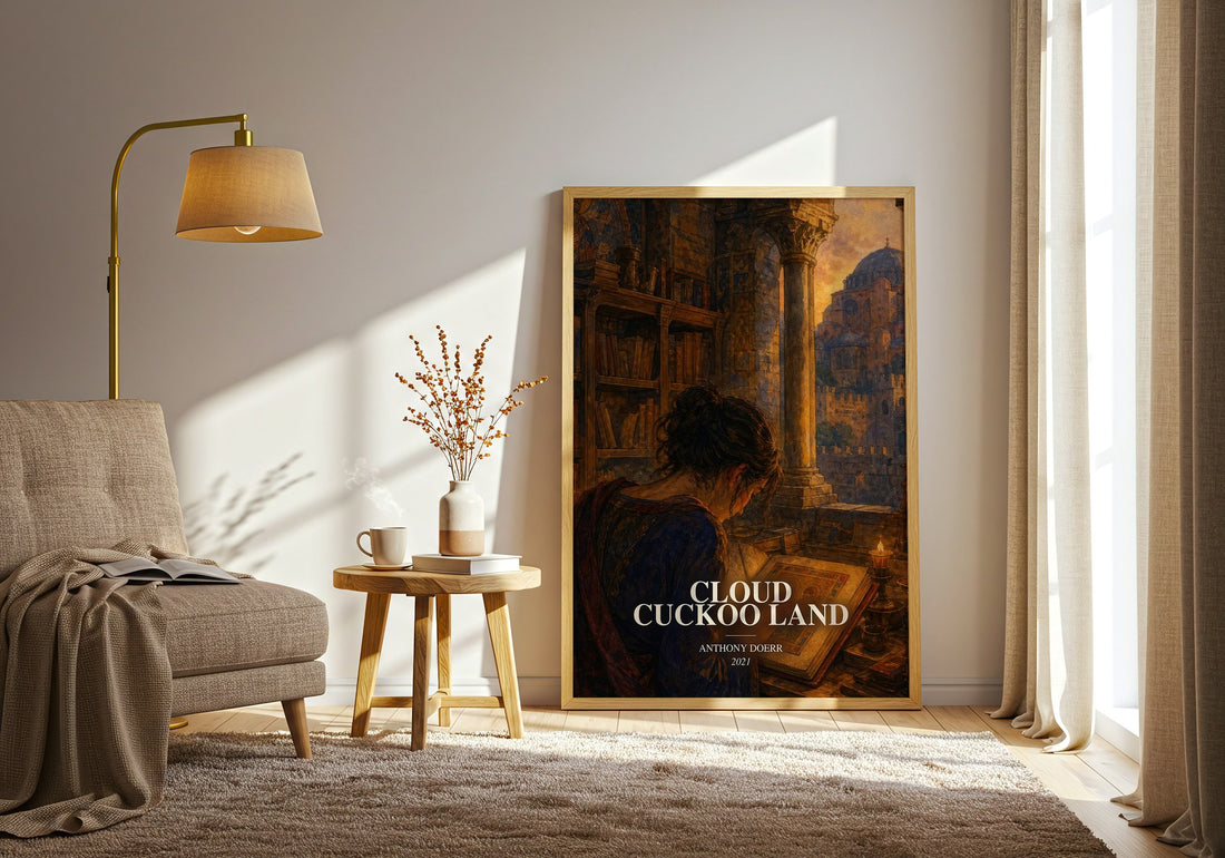 Cloud Cuckoo Land watercolour print in frame leaning in hallway – literary fiction wall art (mockup)