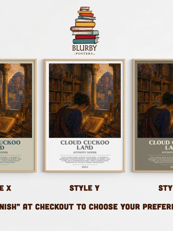 Cloud Cuckoo Land bookish print in frame leaning in hallway – literary fiction wall art