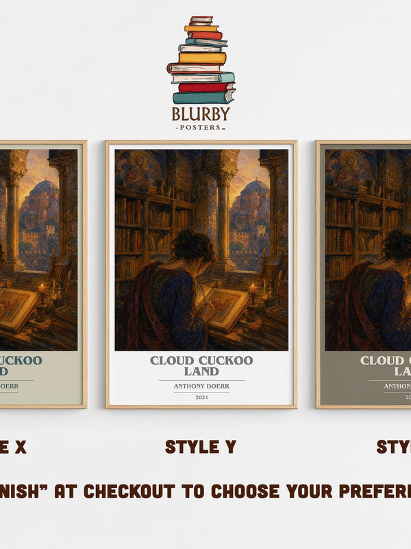 Cloud Cuckoo Land book cover print in frame leaning in hallway – literary fiction wall art