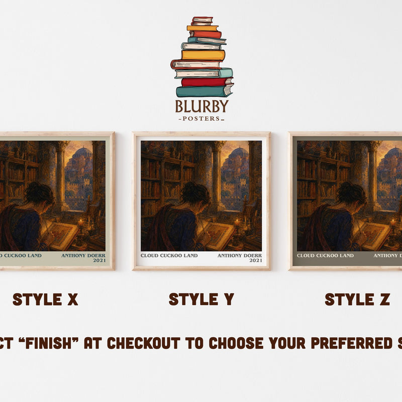 Cloud Cuckoo Land literary print in frame leaning in hallway – literary fiction wall art