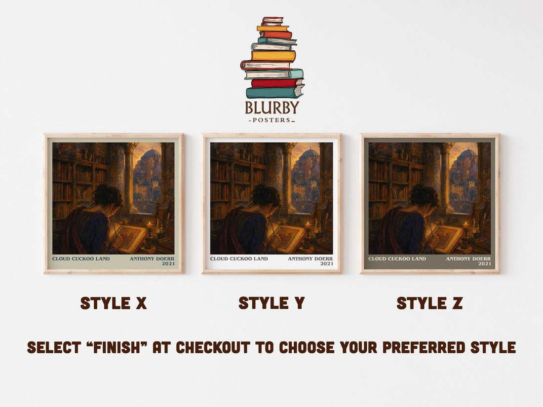 Cloud Cuckoo Land literary print in frame leaning in hallway – literary fiction wall art (mockup)