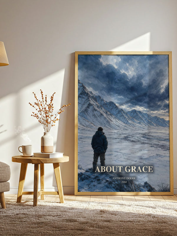 About Grace watercolour print in frame leaning in hallway – literary fiction wall art