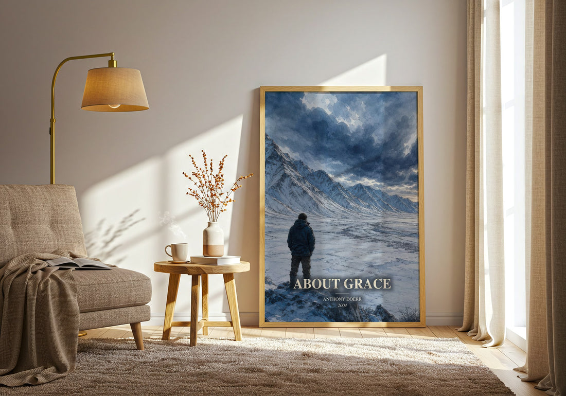 About Grace watercolour print in frame leaning in hallway – literary fiction wall art (mockup)