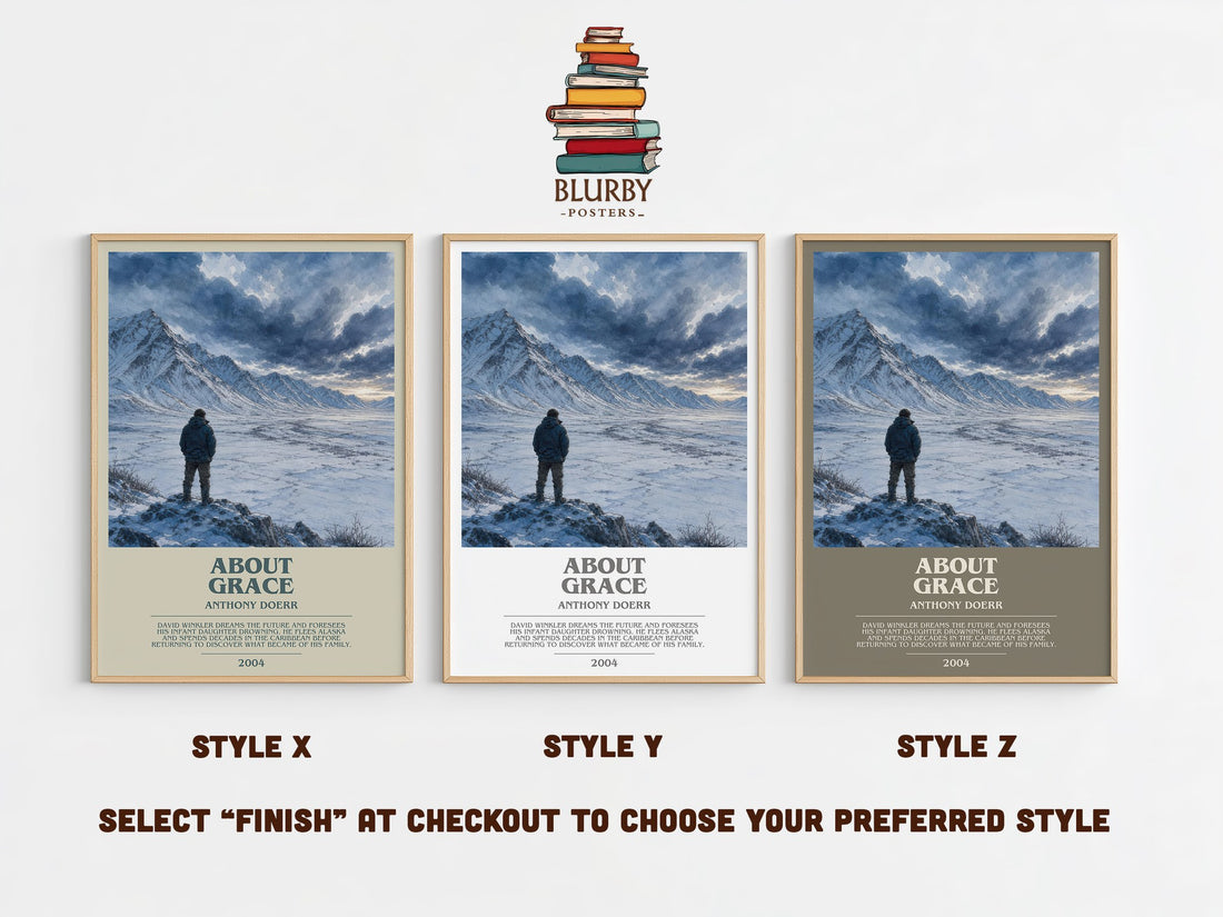 About Grace bookish print in frame leaning in hallway – literary fiction wall art (mockup)