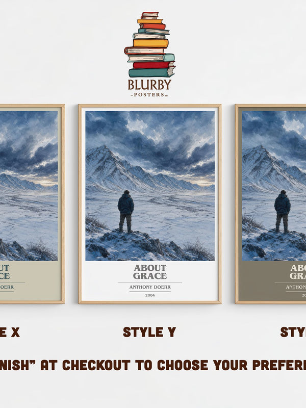 About Grace book cover print in frame leaning in hallway – literary fiction wall art