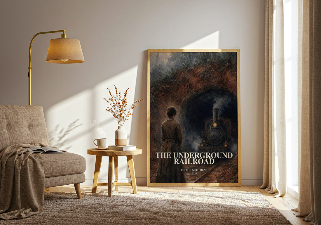 The Underground Railroad watercolour print in frame leaning in hallway – historical fiction wall art (mockup)