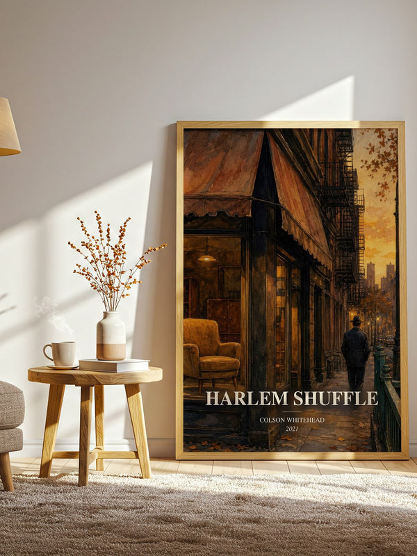 Harlem Shuffle watercolour print in frame leaning in hallway – crime wall art