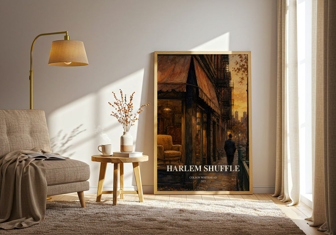 Harlem Shuffle watercolour print in frame leaning in hallway – crime wall art (mockup)