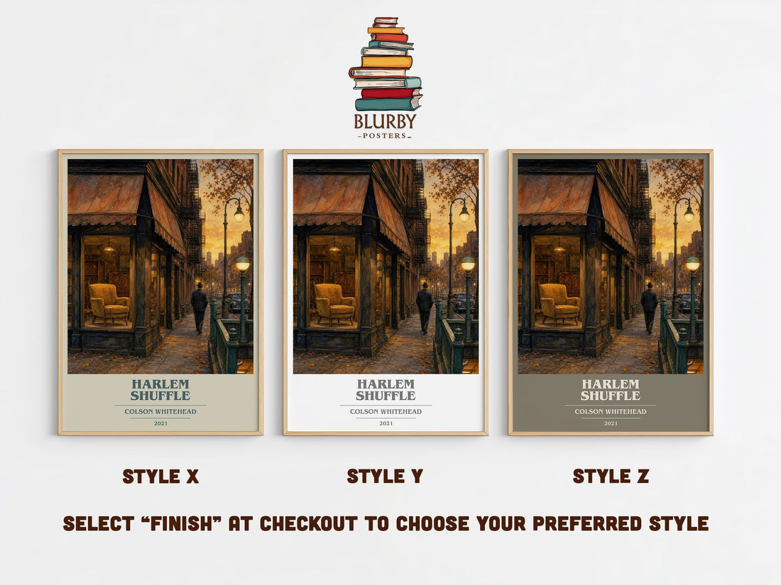 Harlem Shuffle book cover print in frame leaning in hallway – crime wall art (mockup)