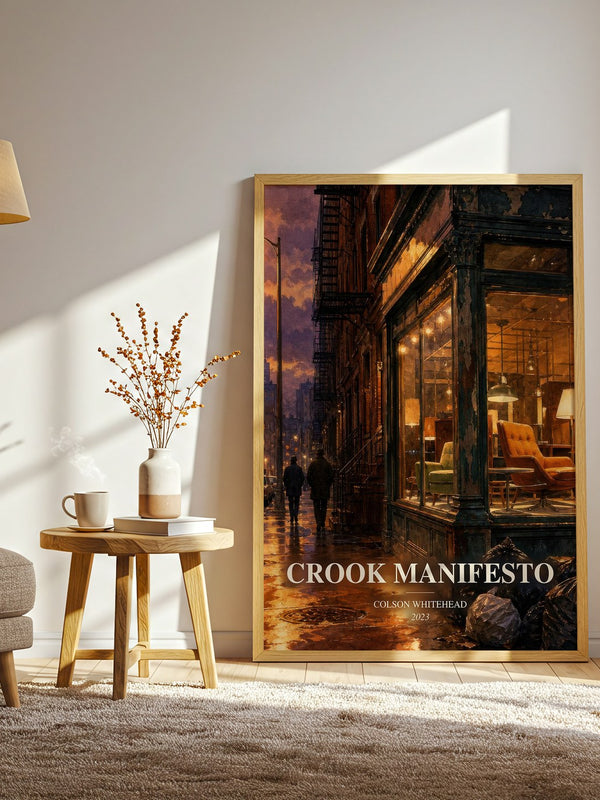 Crook Manifesto watercolour print in frame leaning in hallway – crime wall art