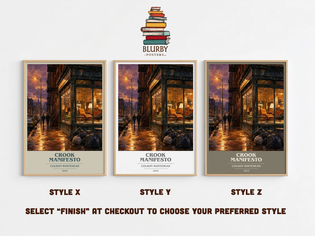 Crook Manifesto book cover print in frame leaning in hallway – crime wall art (mockup)