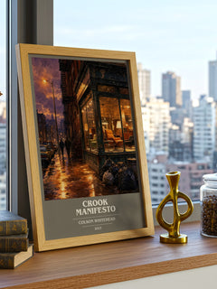 Crook Manifesto book cover print framed by window – literary home decor