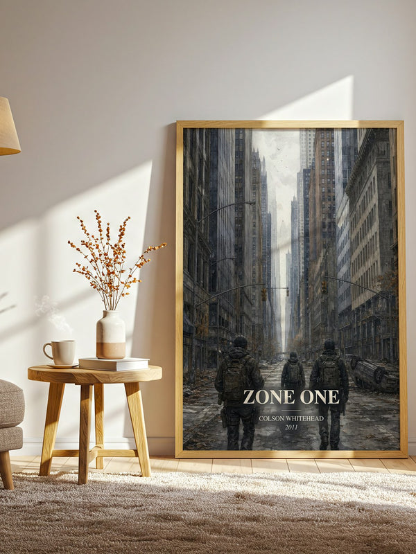 Zone One watercolour print in frame leaning in hallway – literary fiction wall art