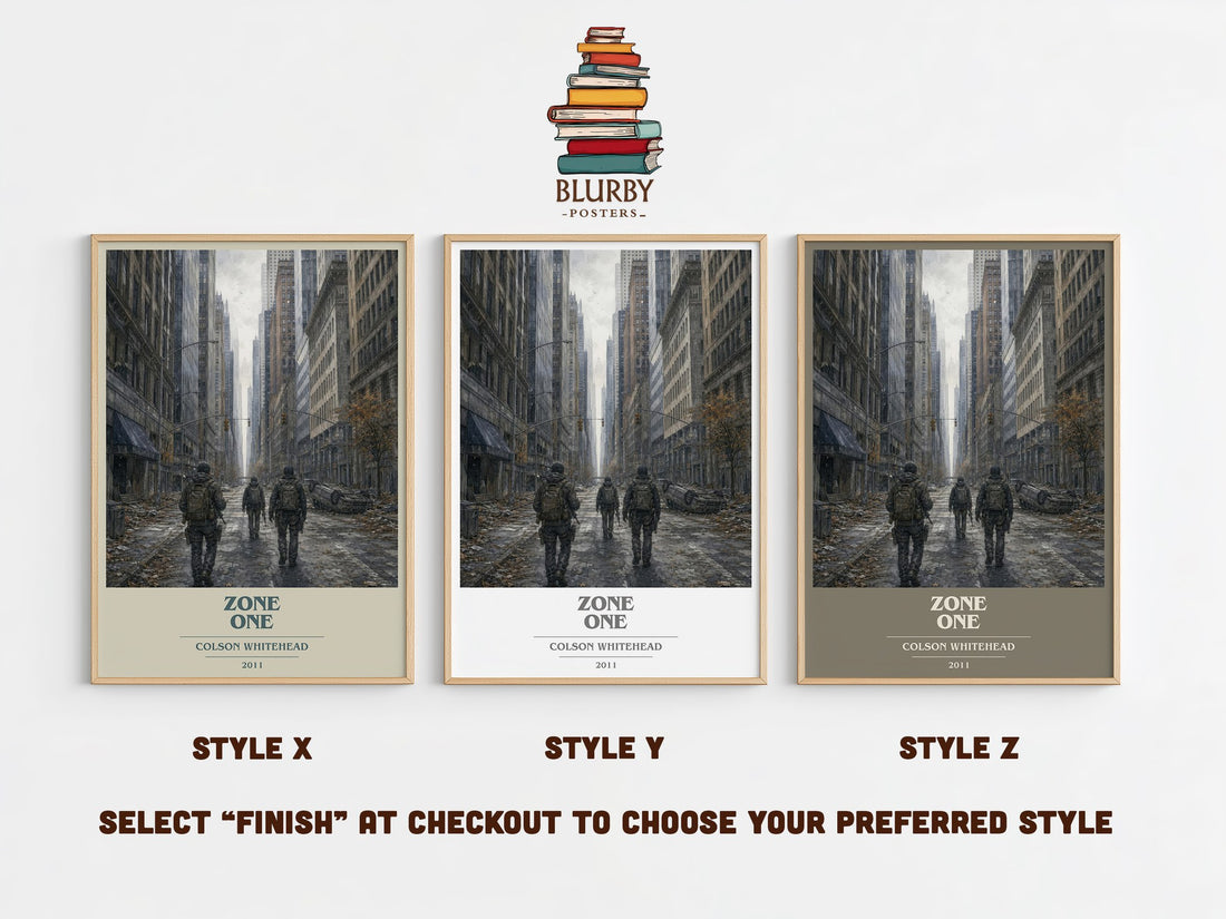 Zone One book cover print in frame leaning in hallway – literary fiction wall art (mockup)