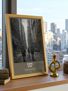 Zone One book cover print framed by window – literary home decor