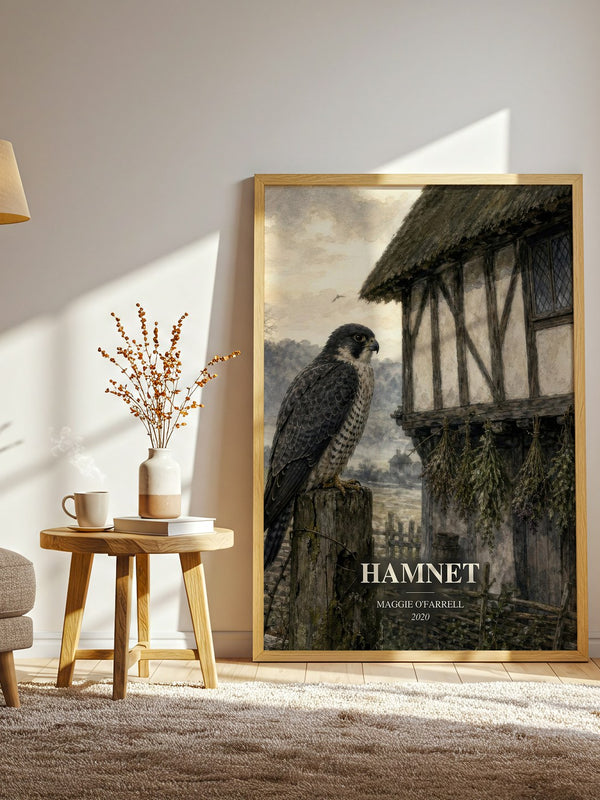 Hamnet watercolour print in frame leaning in hallway – historical fiction wall art