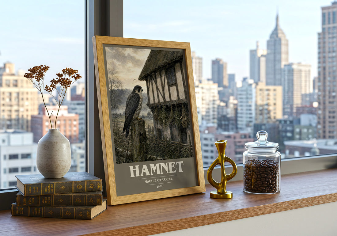 Hamnet book cover print framed by window – literary home decor