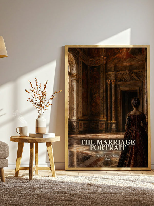 The Marriage Portrait watercolour print in frame leaning in hallway – historical fiction wall art