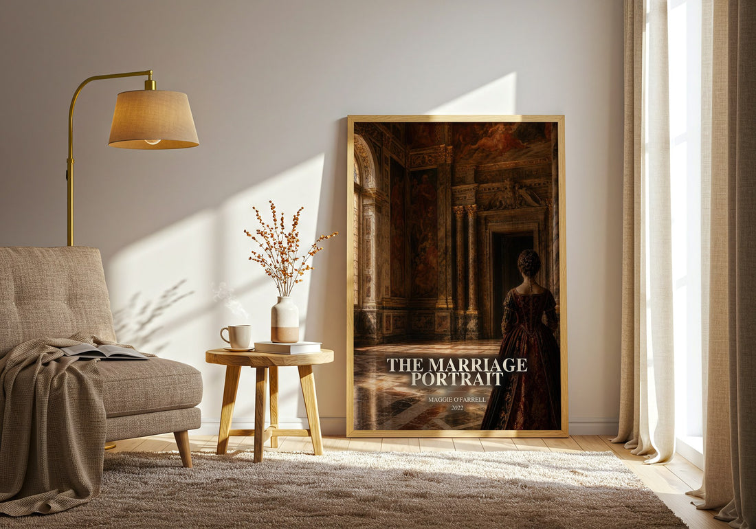 The Marriage Portrait watercolour print in frame leaning in hallway – historical fiction wall art (mockup)