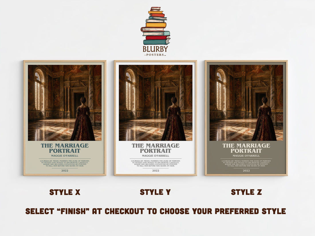 The Marriage Portrait bookish print in frame leaning in hallway – historical fiction wall art (mockup)