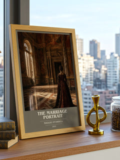 The Marriage Portrait book cover print framed by window – literary home decor