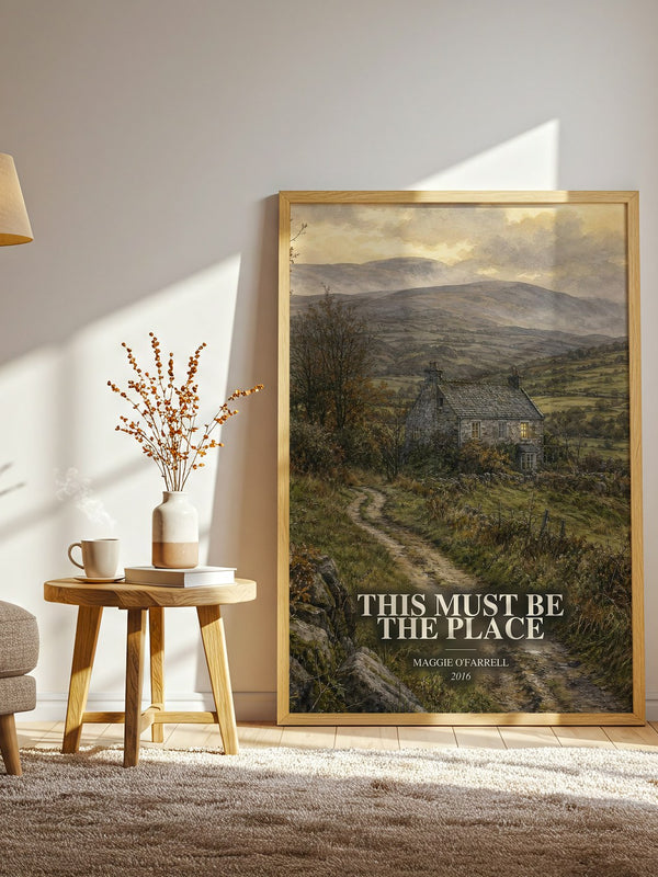 This Must Be the Place watercolour print in frame leaning in hallway – contemporary fiction wall art