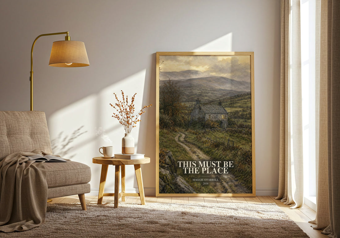 This Must Be the Place watercolour print in frame leaning in hallway – contemporary fiction wall art (mockup)