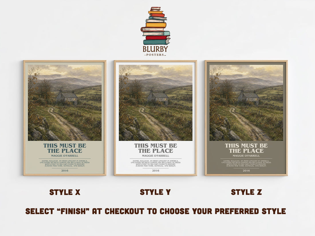 This Must Be the Place bookish print in frame leaning in hallway – contemporary fiction wall art (mockup)